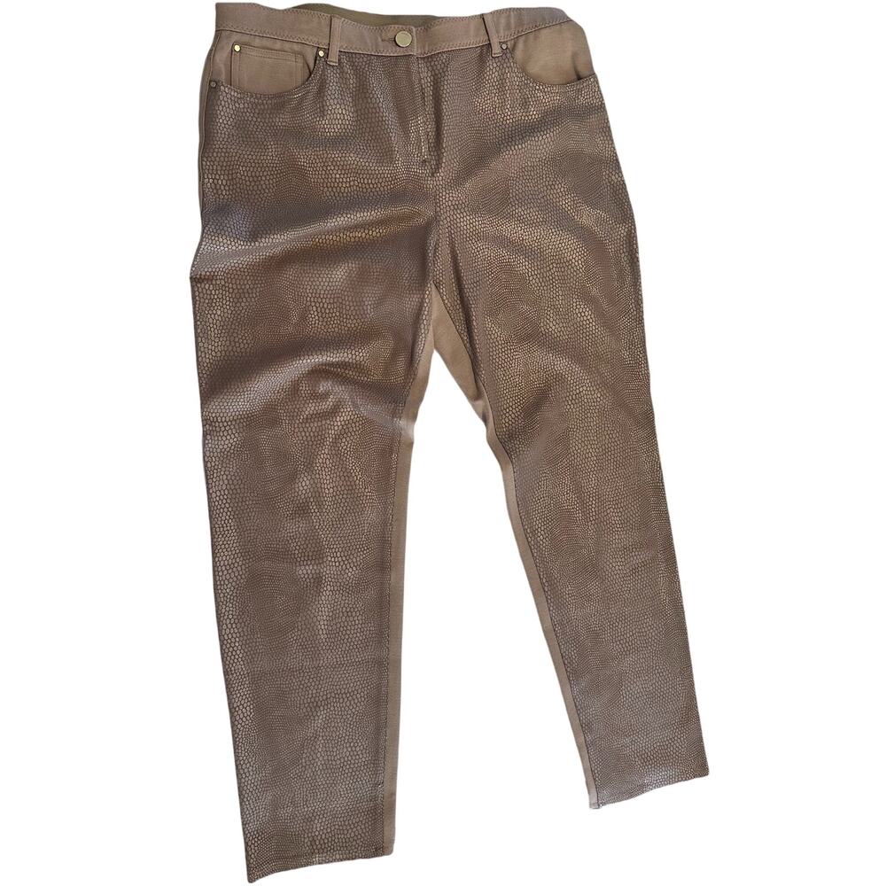 CHICOS Women’s Sz 2 Taupe Foiled Pieced Snakeskin Front Stretch Ponte Pants Chic